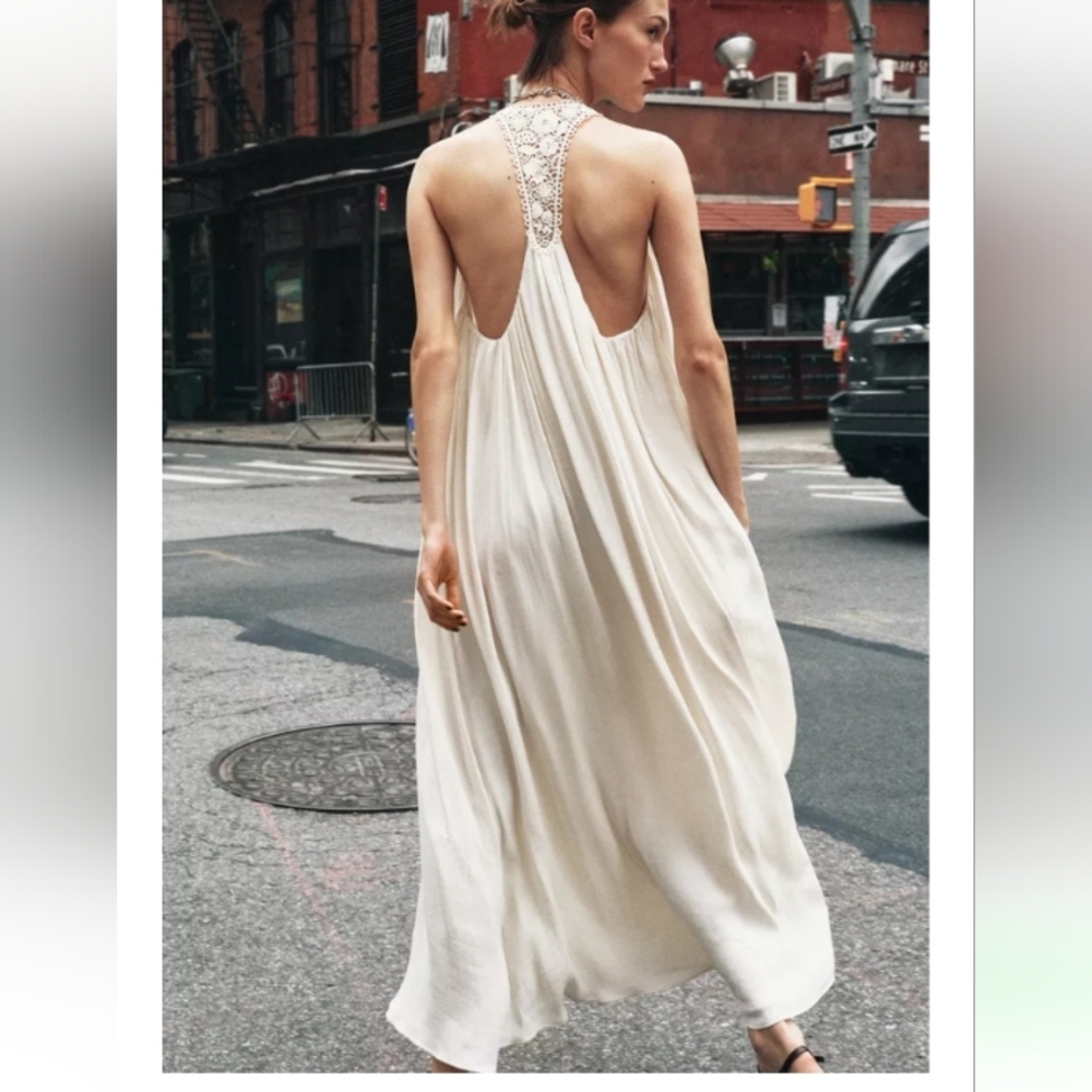 Zara Elegant Romantic Cream Flowy Conbined Crochet Maxi Dress Sz M-L